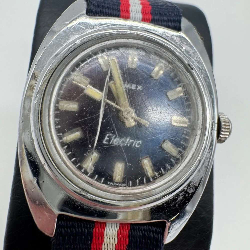 Vintage Timex Electric Watch Black Dial Silver Case Striped Nylon Strap Untested